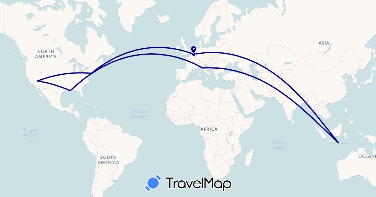 TravelMap itinerary: driving in Belgium, Indonesia, Italy, United States (Asia, Europe, North America)